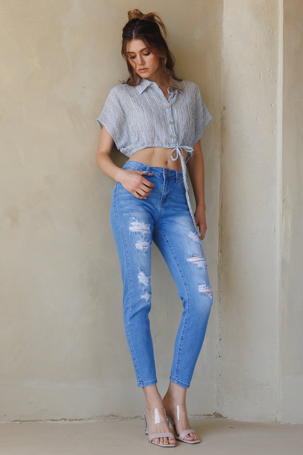 High Rise Destructed Skinny Jeans