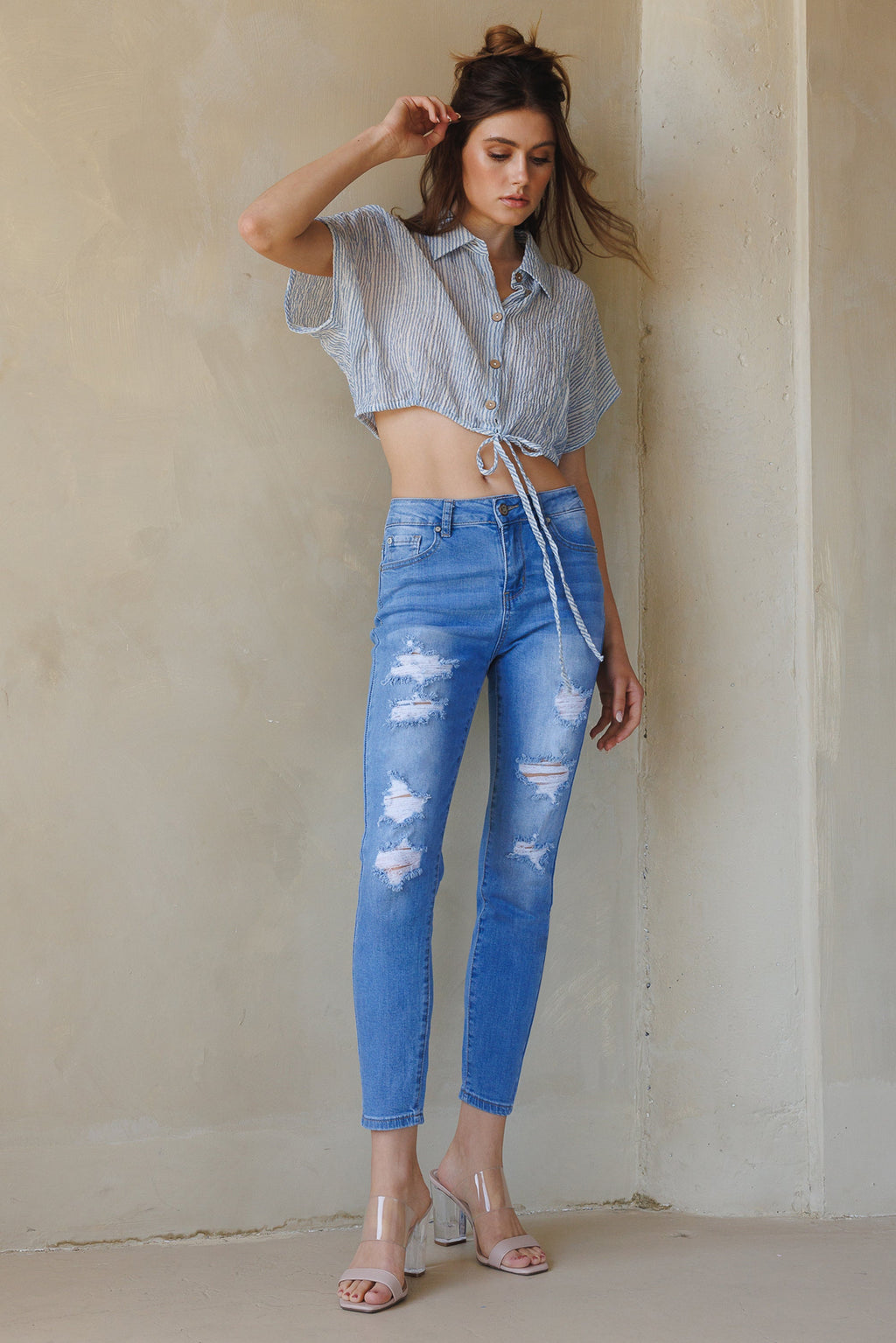 High Rise Destructed Skinny Jeans
