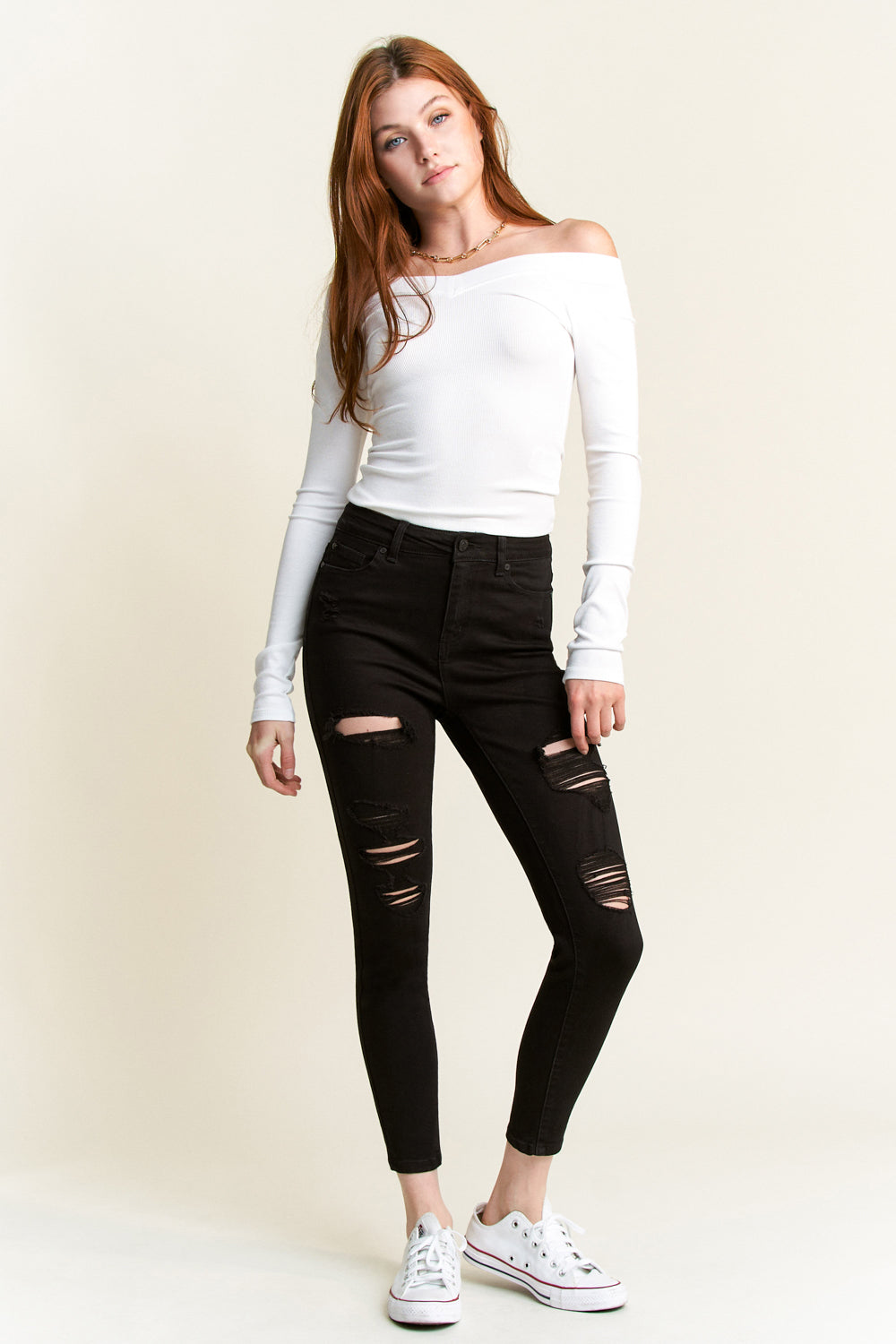 High Rise Destructed Skinny Jeans