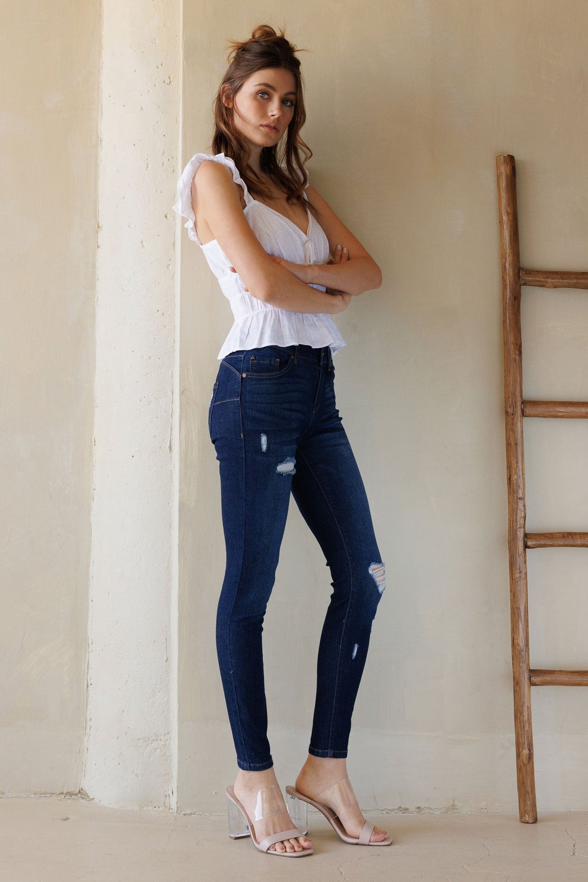 Mid Rise Destructed Skinny Jeans