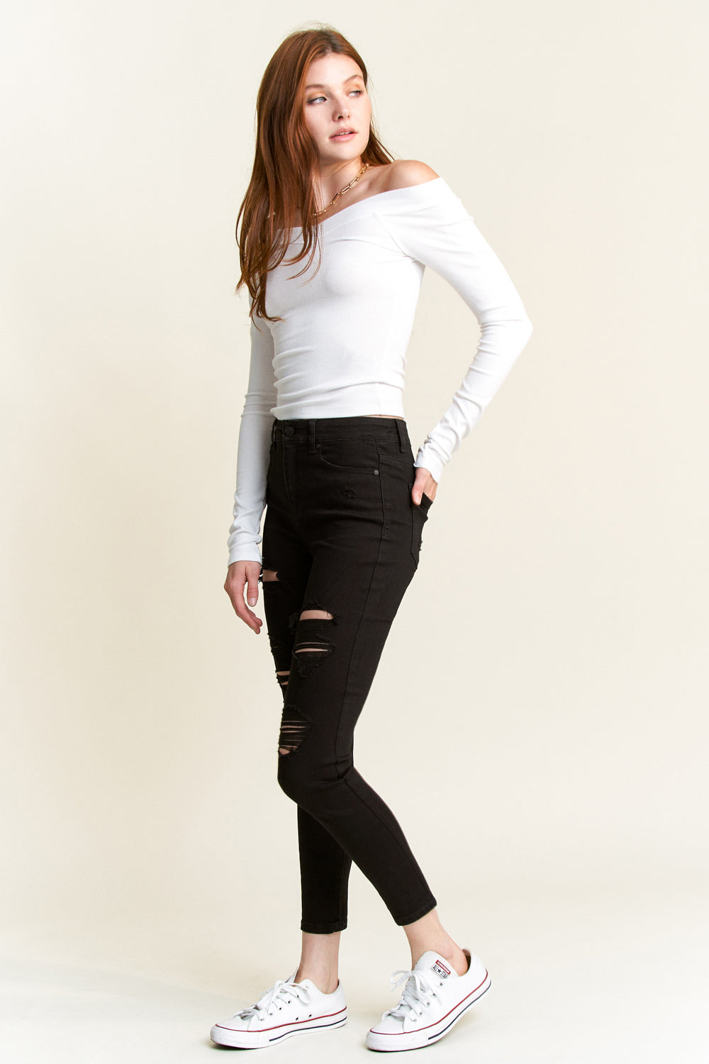 High Rise Destructed Skinny Jeans