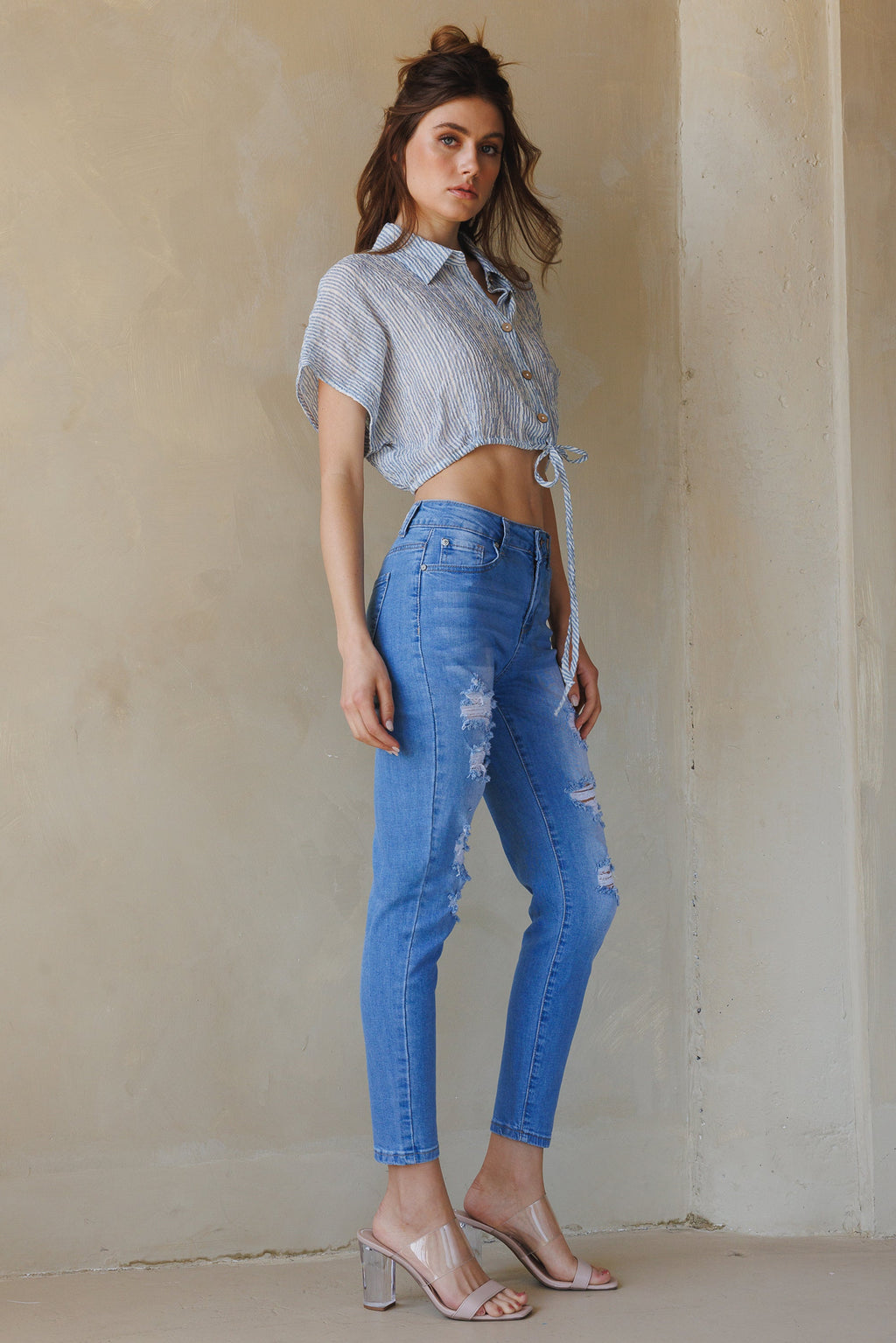High Rise Destructed Skinny Jeans