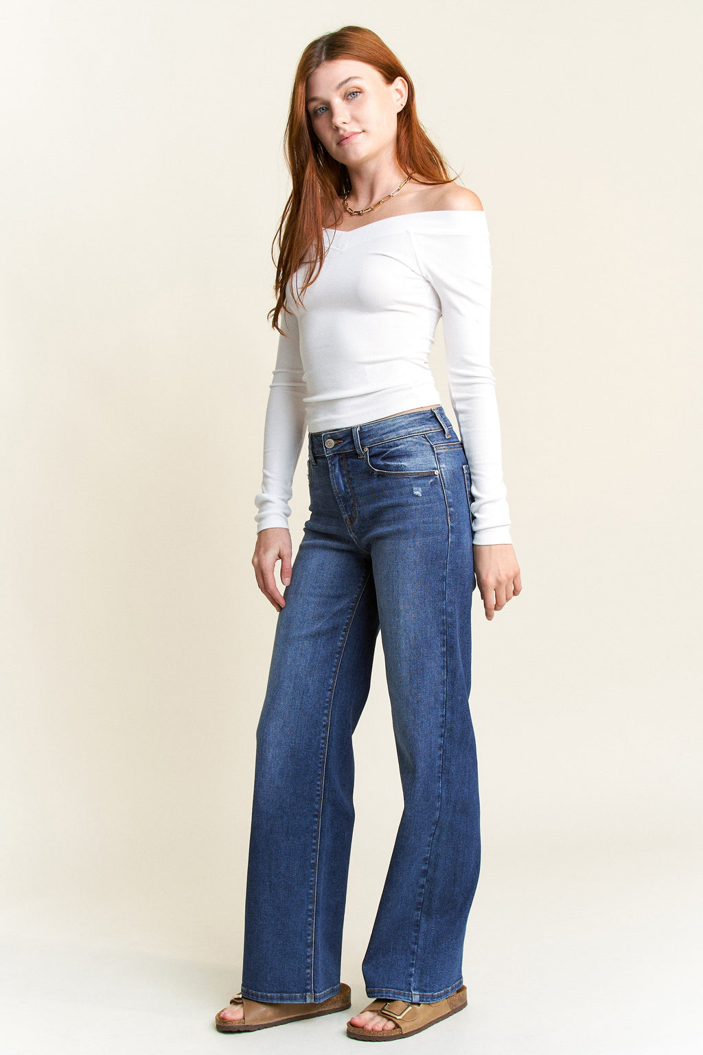 High Rise Destructed Wide Leg Jeans