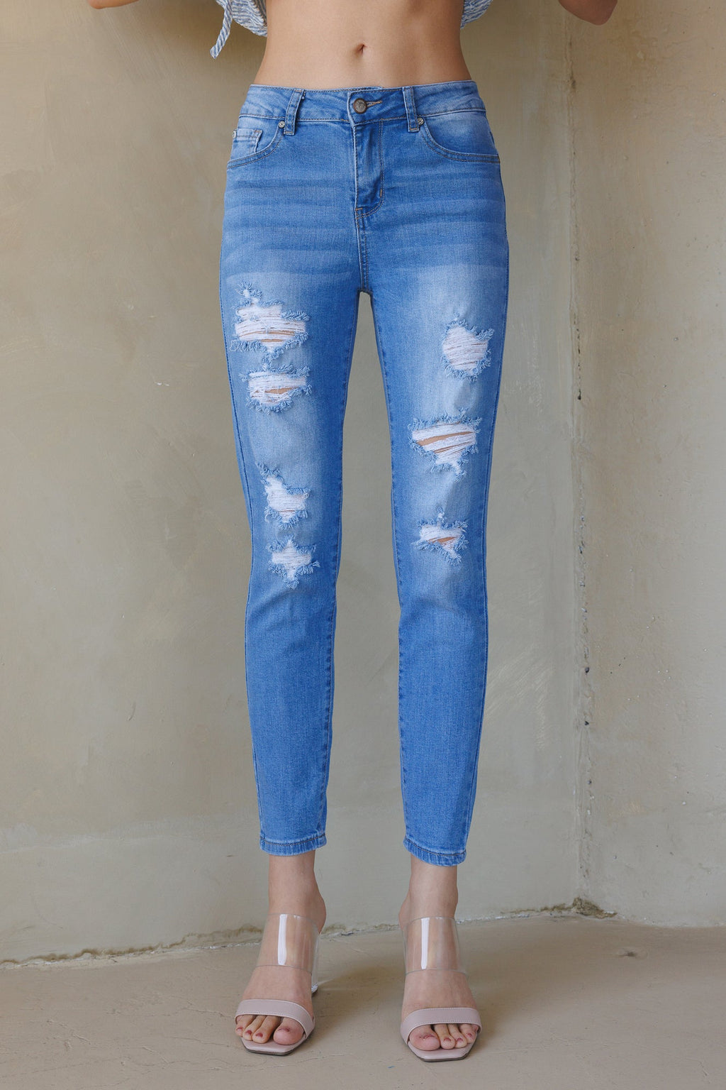 High Rise Destructed Skinny Jeans