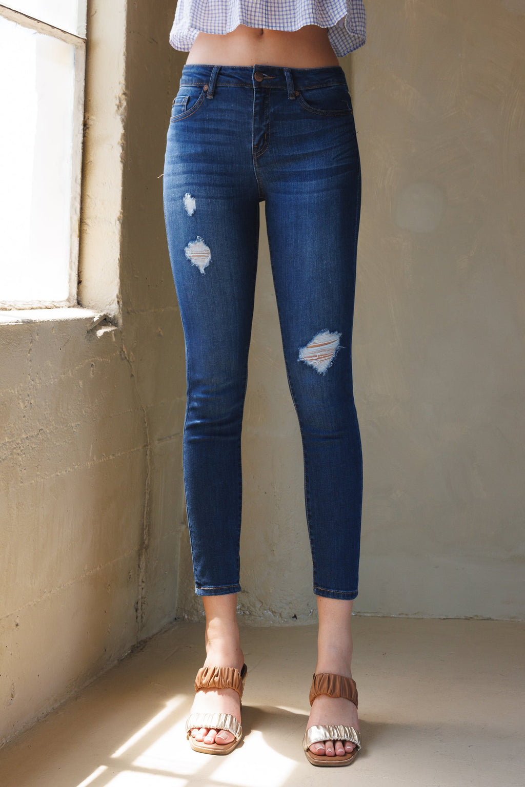 Mid Rise Destructed Ankle Skinny Jeans