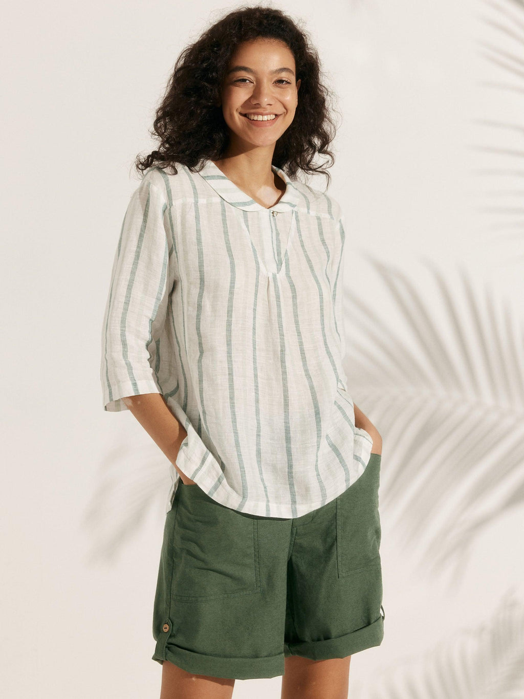 100% Linen Stripe Shawl V-Neck Half Sleeve Top