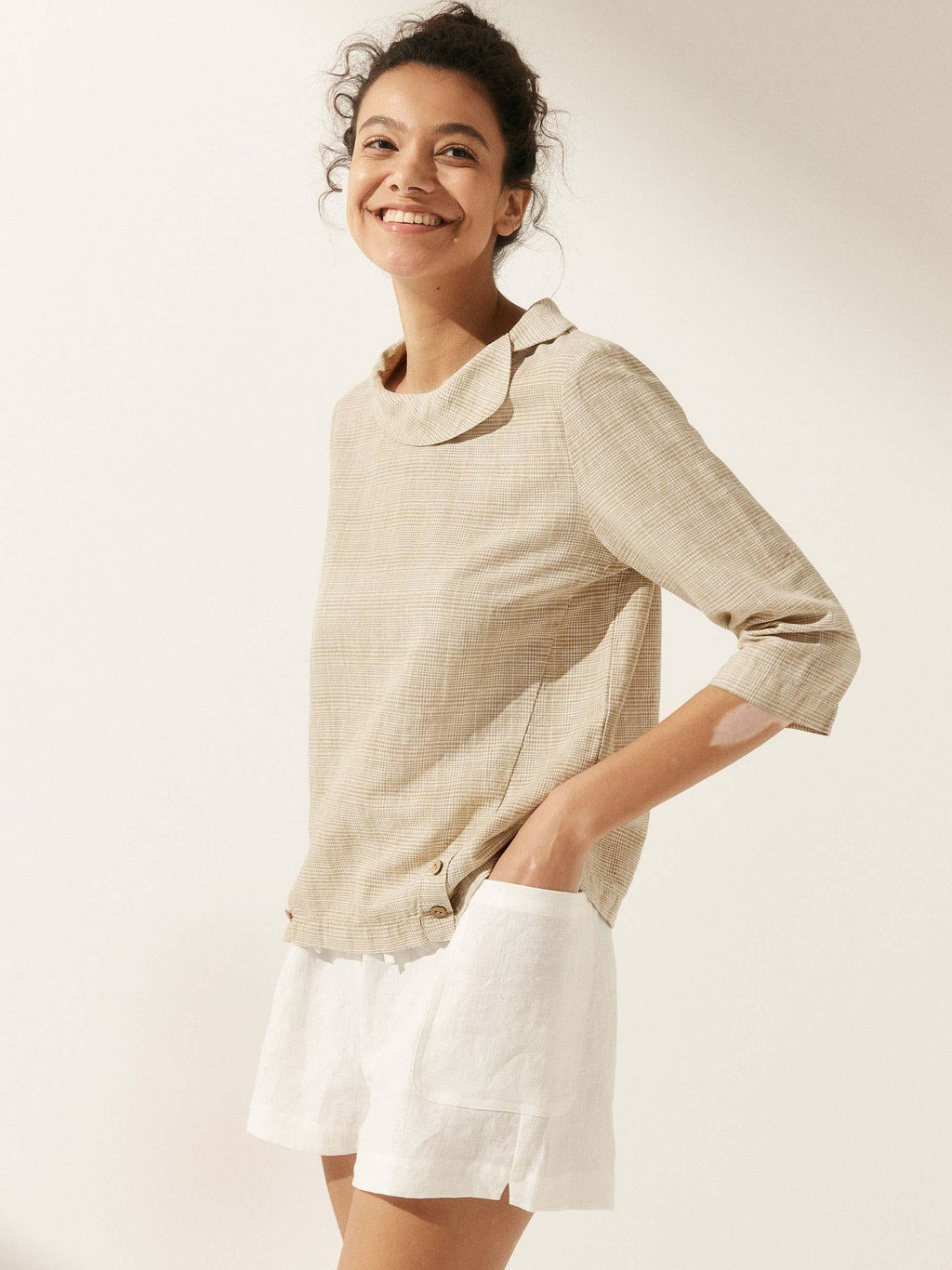 Linen Round Soft-Fold Collar Top ANAIS