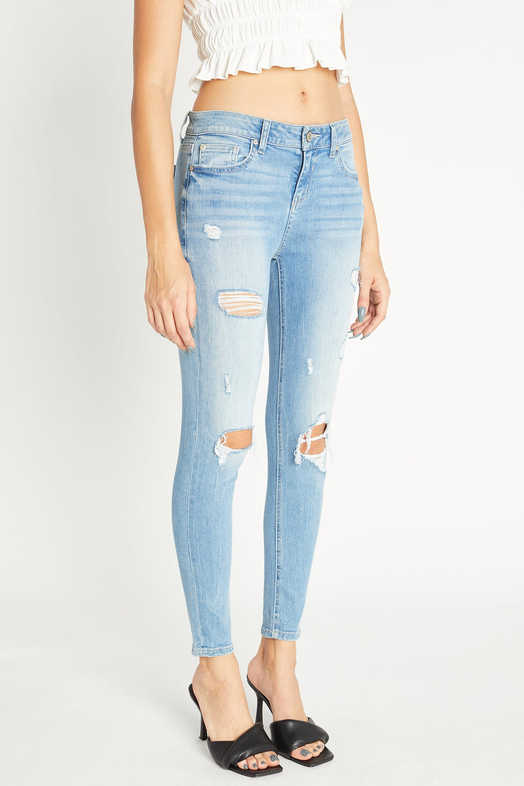 Distressed Mid Rise Ankle Skinny Jeans