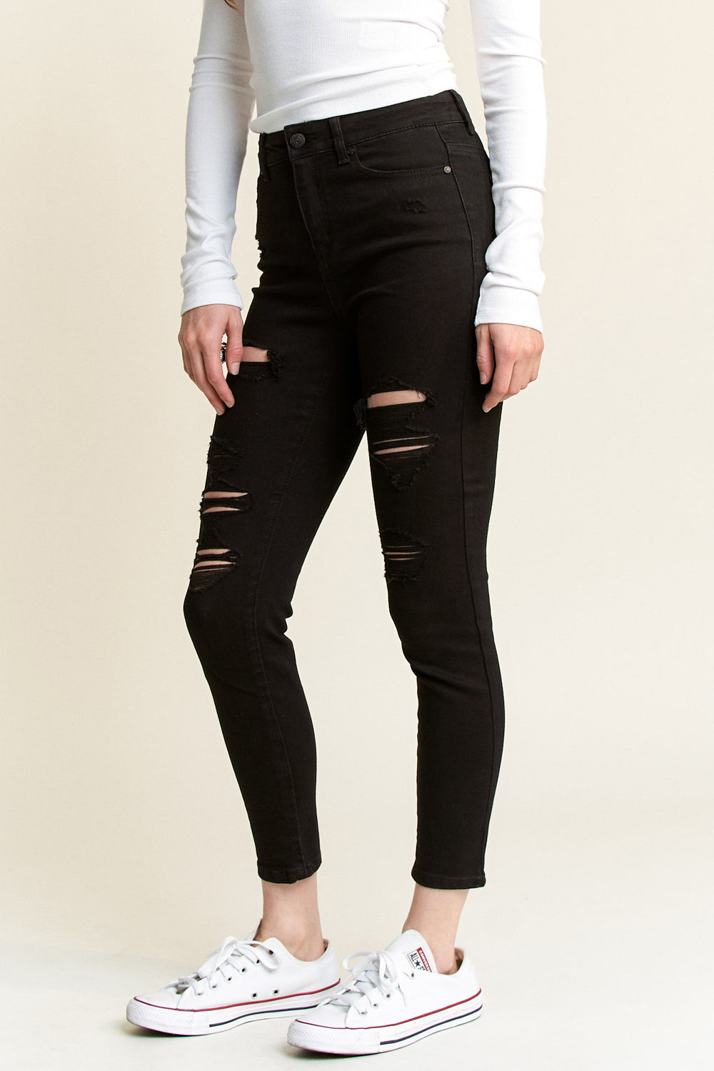 High Rise Destructed Skinny Jeans