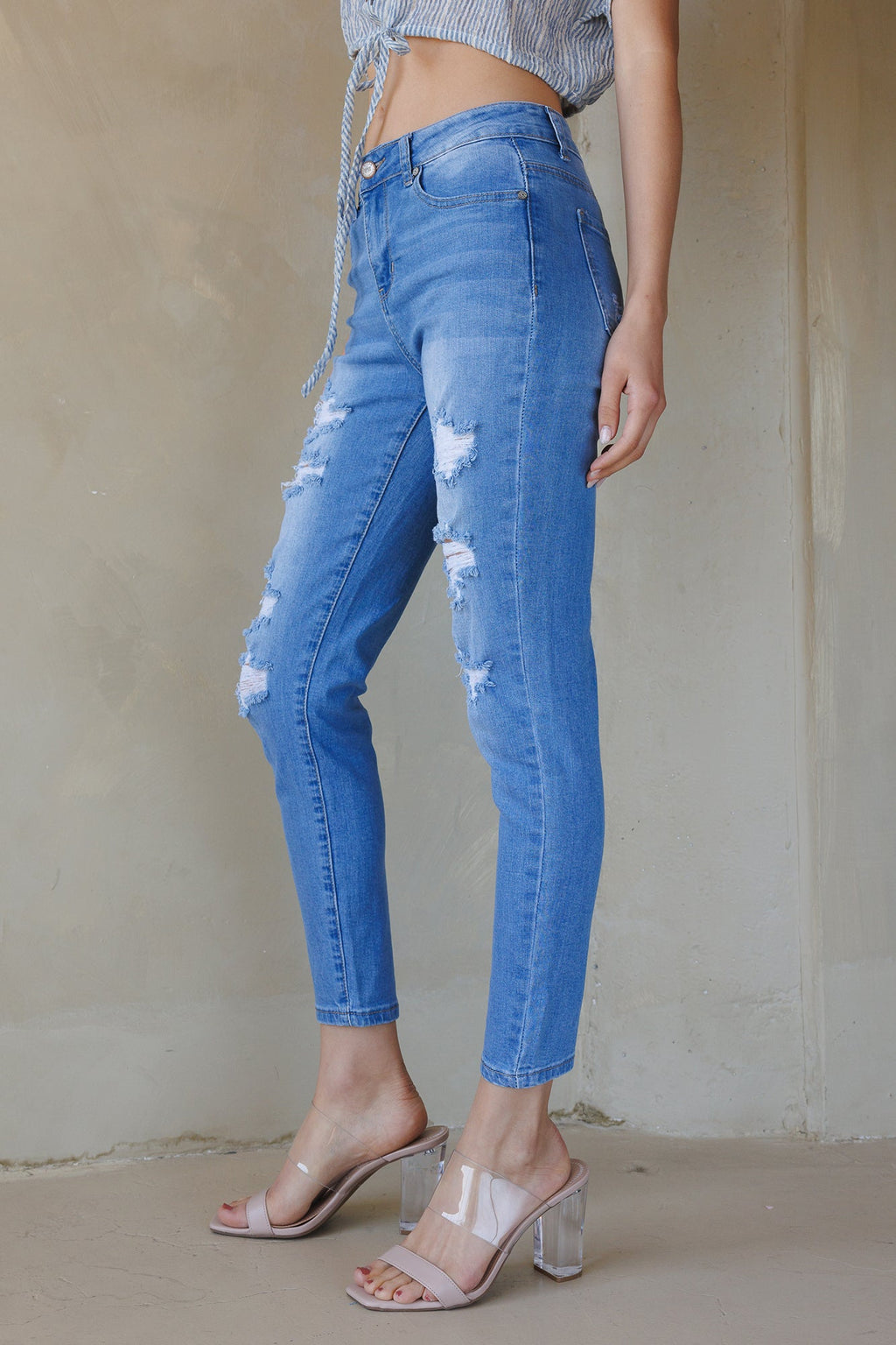 High Rise Destructed Skinny Jeans