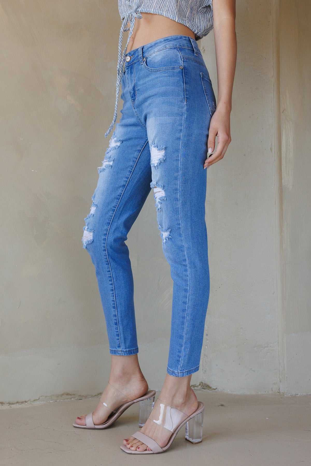 High Rise Destructed Skinny Jeans