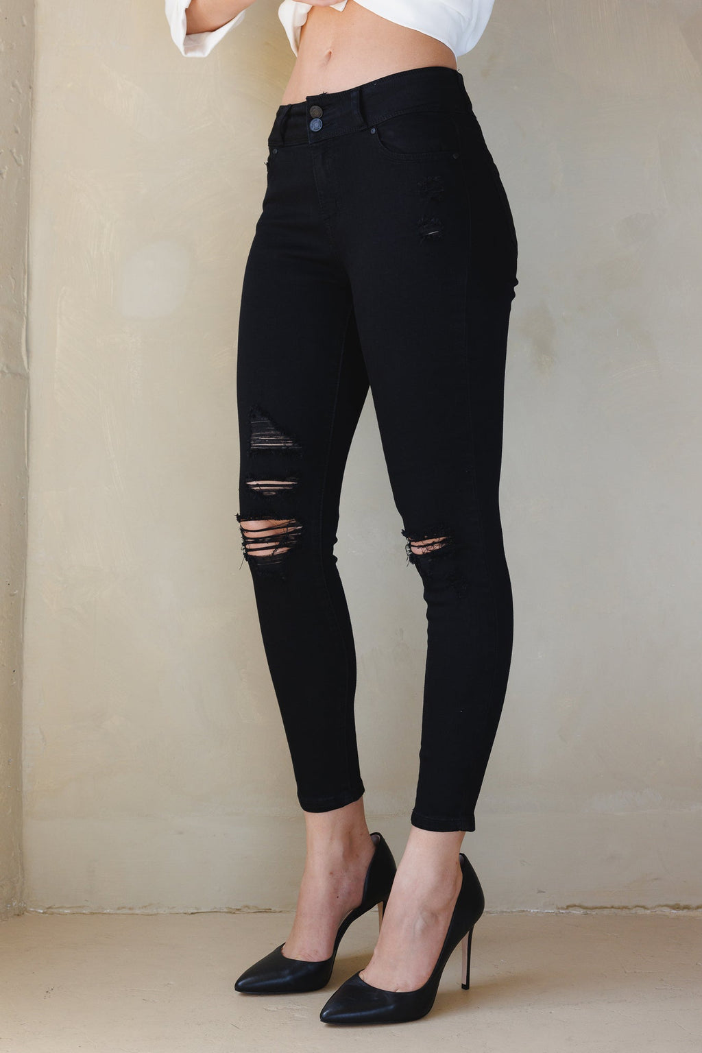 High Rise Destructed Skinny Jeans