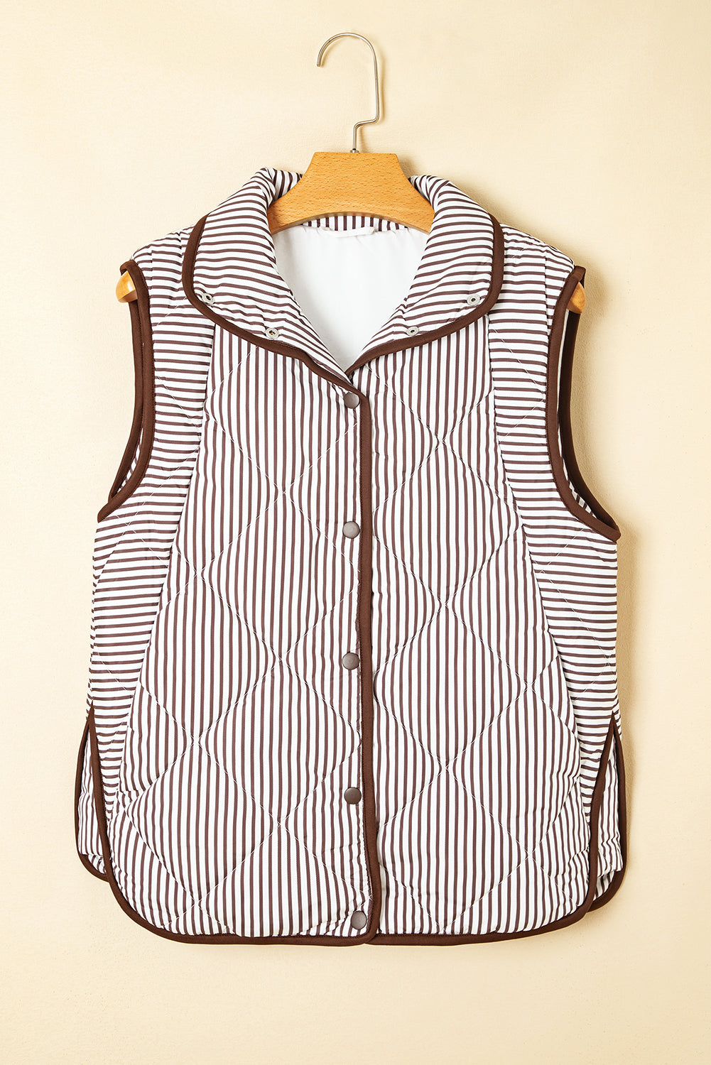 Skylar Striped Snap Button Scalloped Hem Winter Vest  - Brown