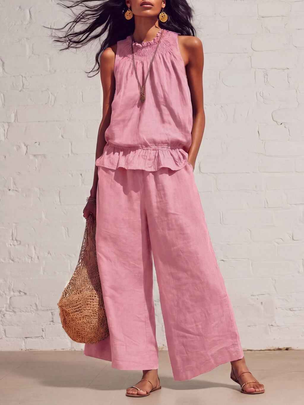Women's Smocked Neckline Ruffle Hem Linen Tank & Wide-Leg Cropped Pants Set