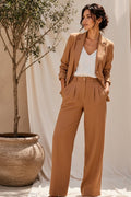 Women's Linen-Look Oversized Double-Breasted Blazer & Wide-Leg Pleated Trouser Suit Set