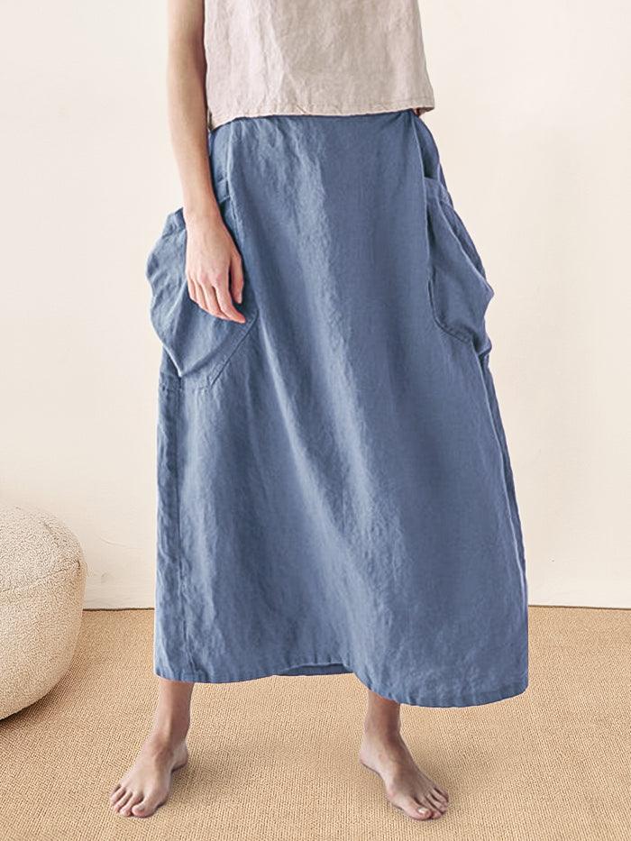 Linen Checked Elastic Waist Skirt ONYX