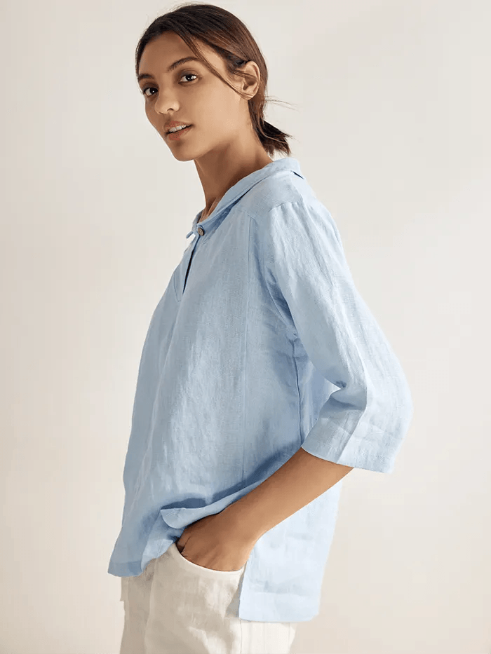 100% Linen Stripe Shawl V-Neck Half Sleeve Top