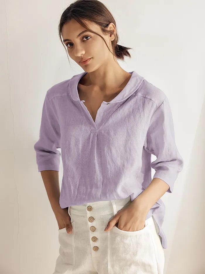 100% Linen Stripe Shawl V-Neck Half Sleeve Top