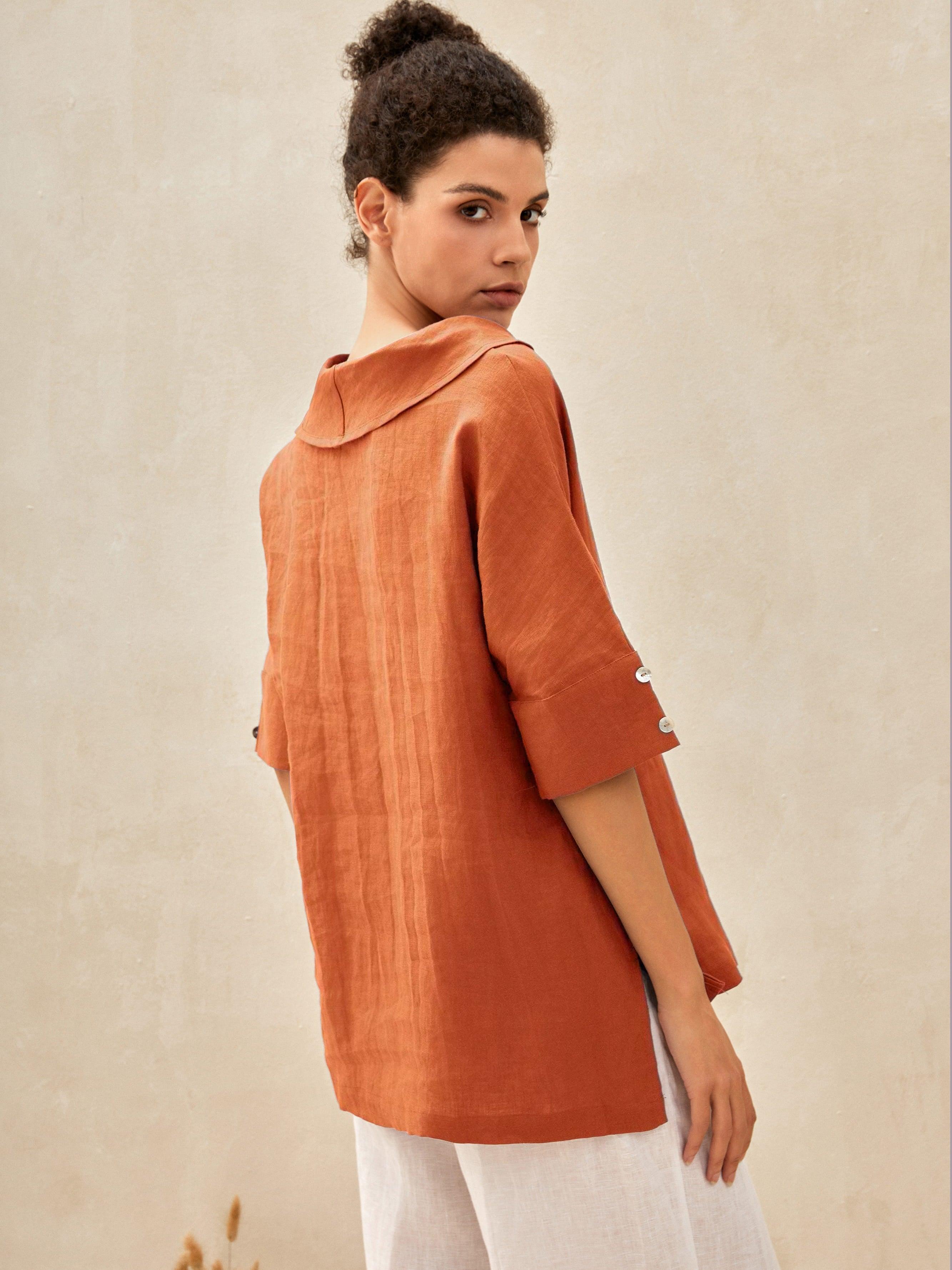 Linen V Neck Short Sleeve Shirt PENNY