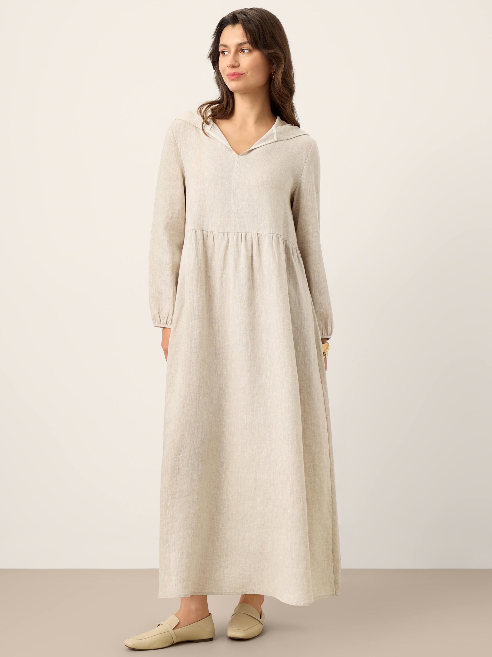100% Linen Sculpted-Hood Caftan Maxi Dress LINETTE