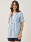 100% Linen Round Neck Pleated Pullover Top QUINLAN