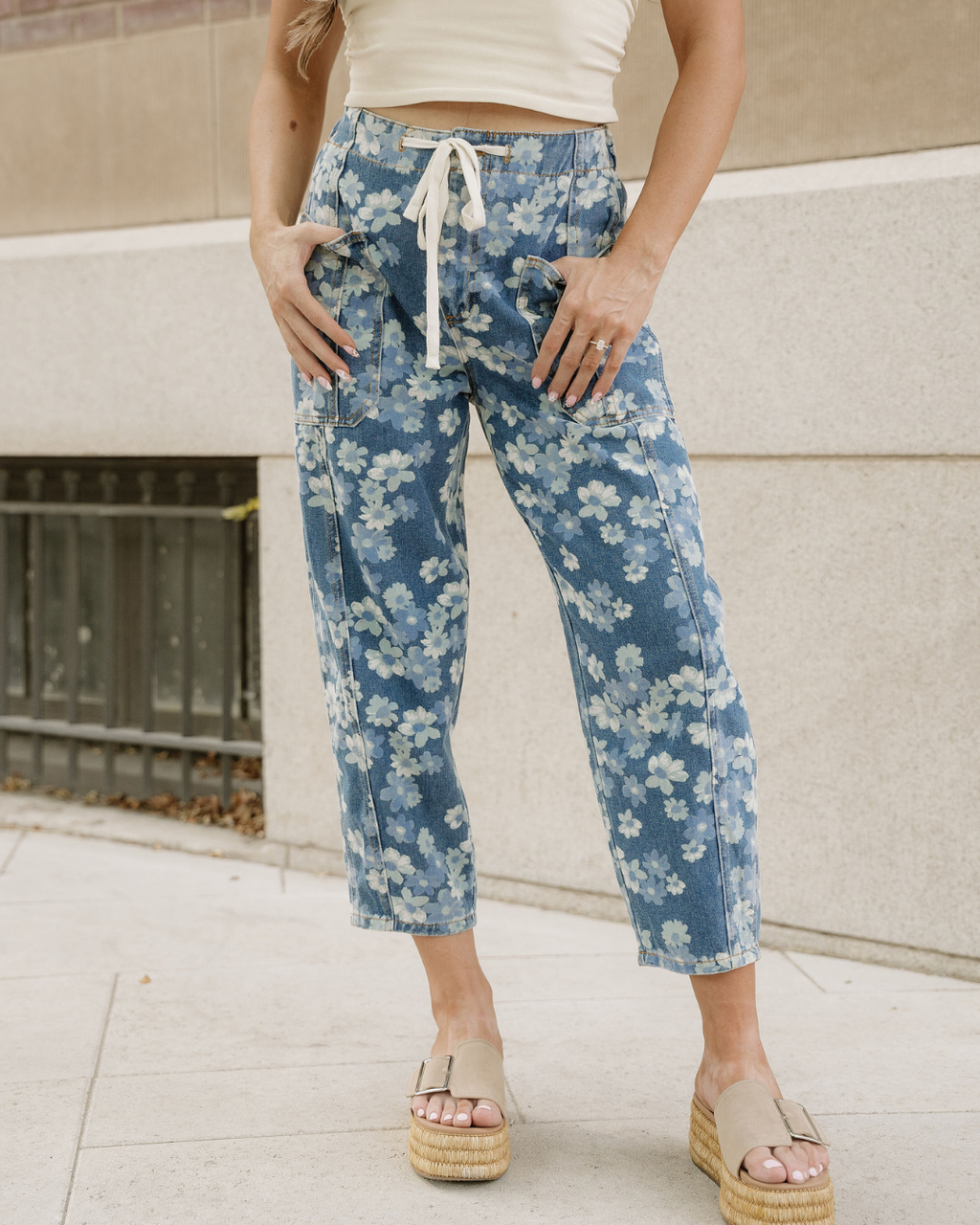 Eliana Floral Printed Drawstring Barrel Jeans