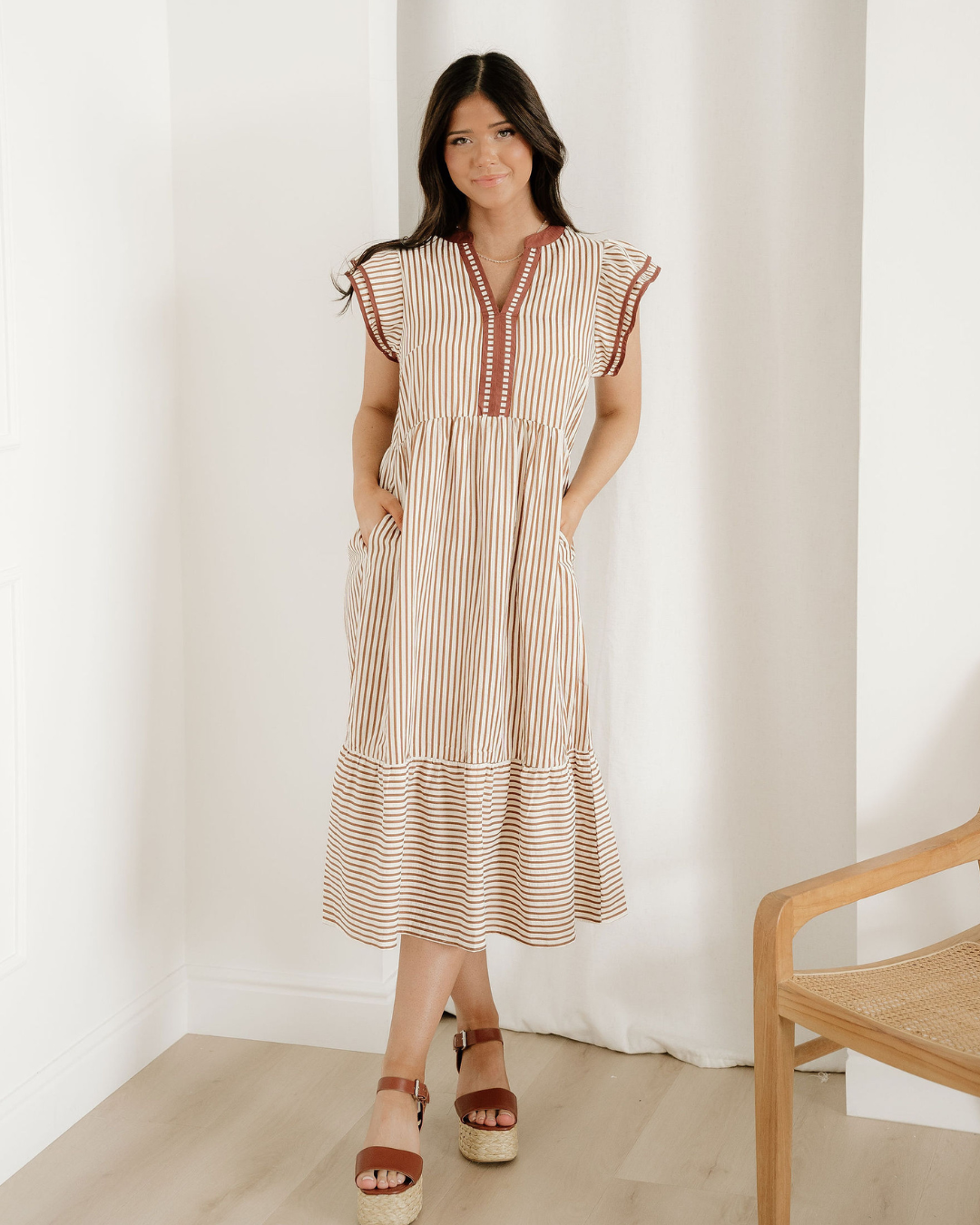 Nyla Double Ruffled Short Sleeve Contrast Trim V Neck Midi Dress - Brown