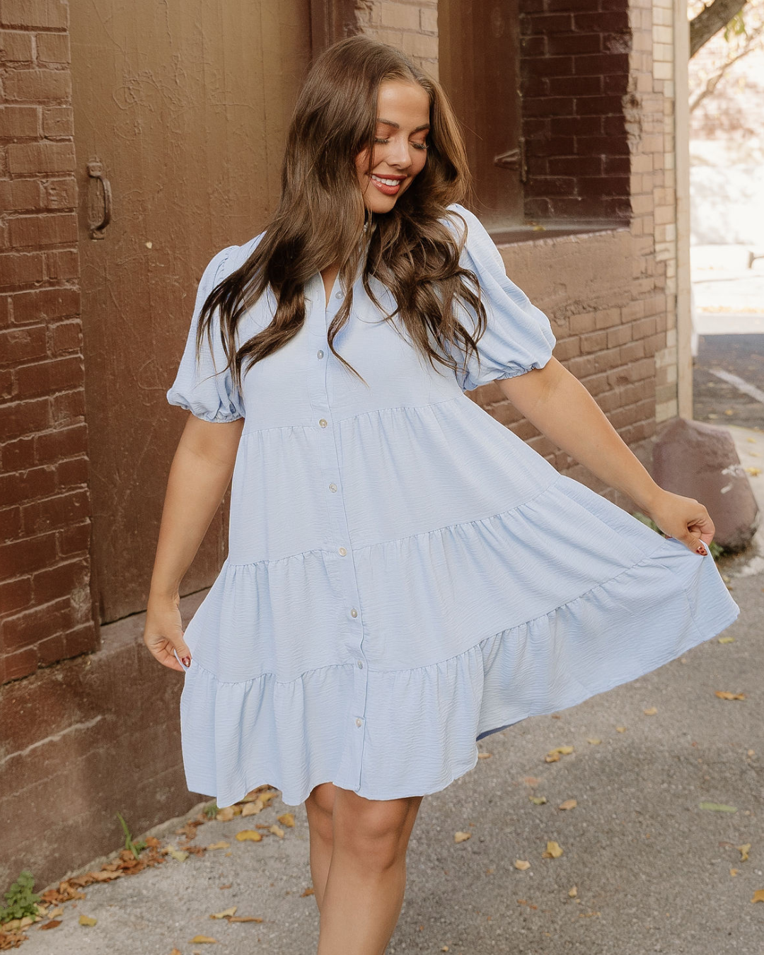 Mimi Button Up Short Puff Sleeve Tiered Shift Dress