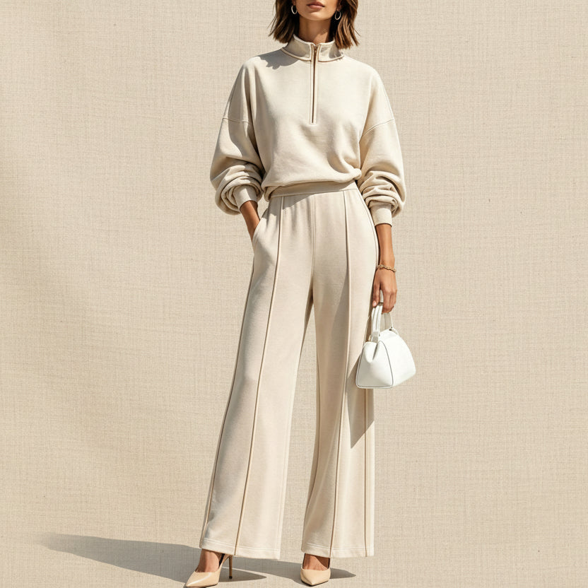 Women's Half-Zip Hoodie & Wide-Leg Pants Set