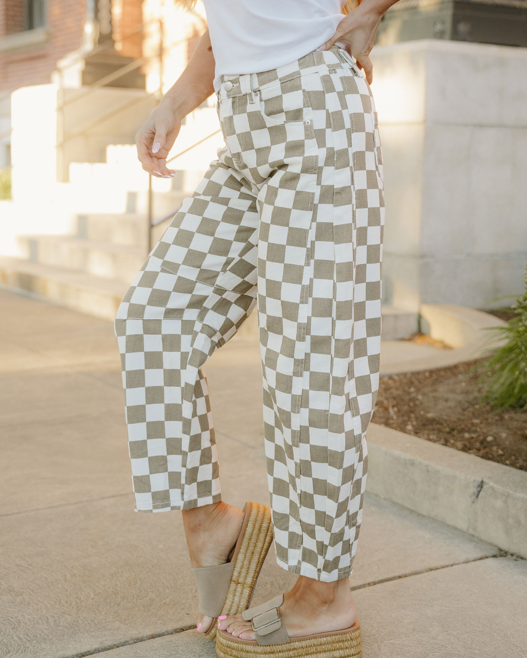 Riley Checkered Print Denim Barrel Pants