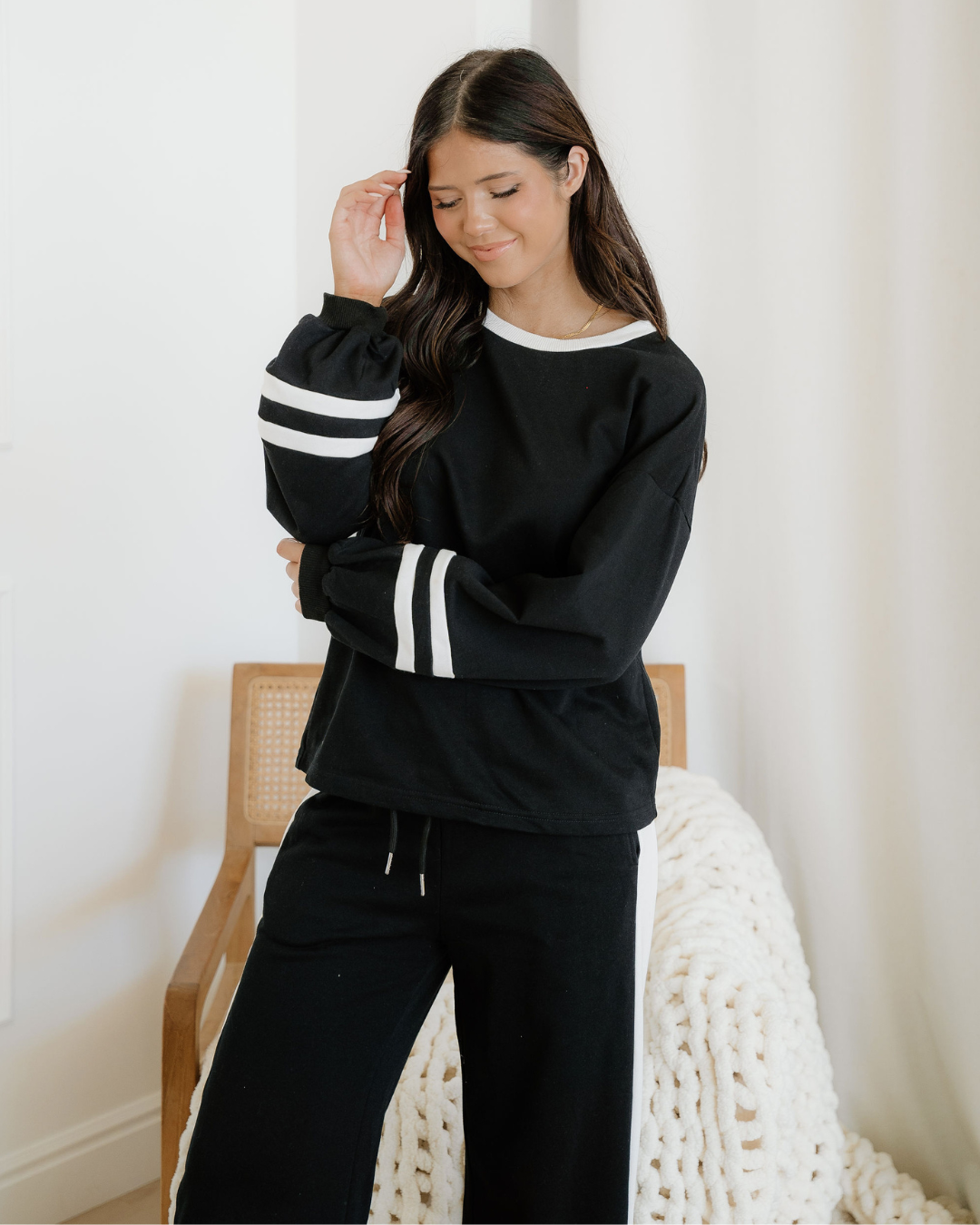 Jordyn Varsity Stripe  Drawstring Wide Leg Pant Set - Black