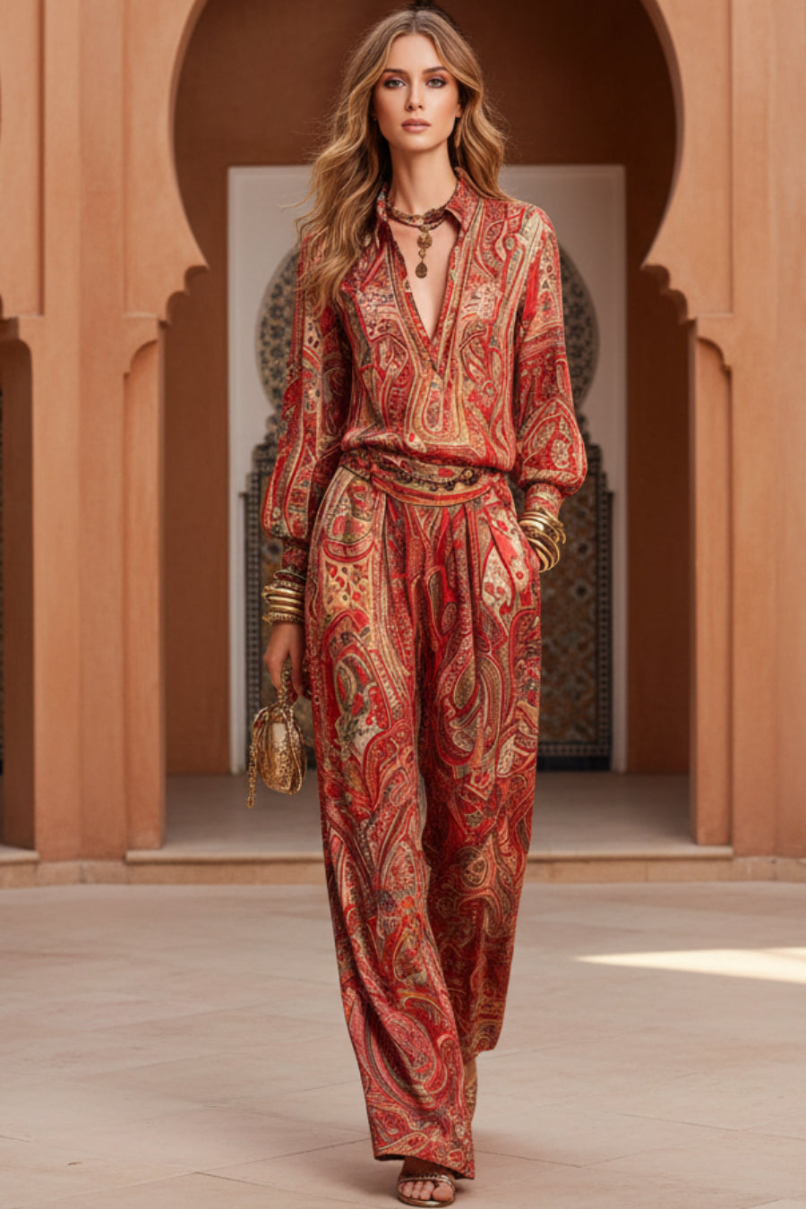 Women's Paisley Print Deep V Fringe Blouse & Wide-Leg Palazzo Pants Set