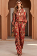 Women's Paisley Print Deep V Fringe Blouse & Wide-Leg Palazzo Pants Set