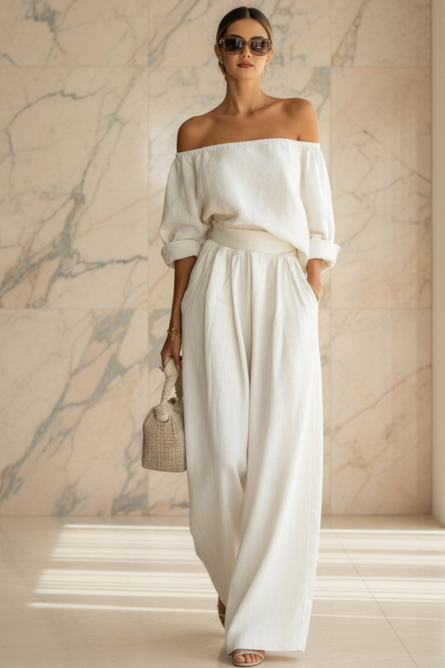 Women's Off-Shoulder Puff Sleeve Blouson Top & High-Rise Wide-Leg Pants Set