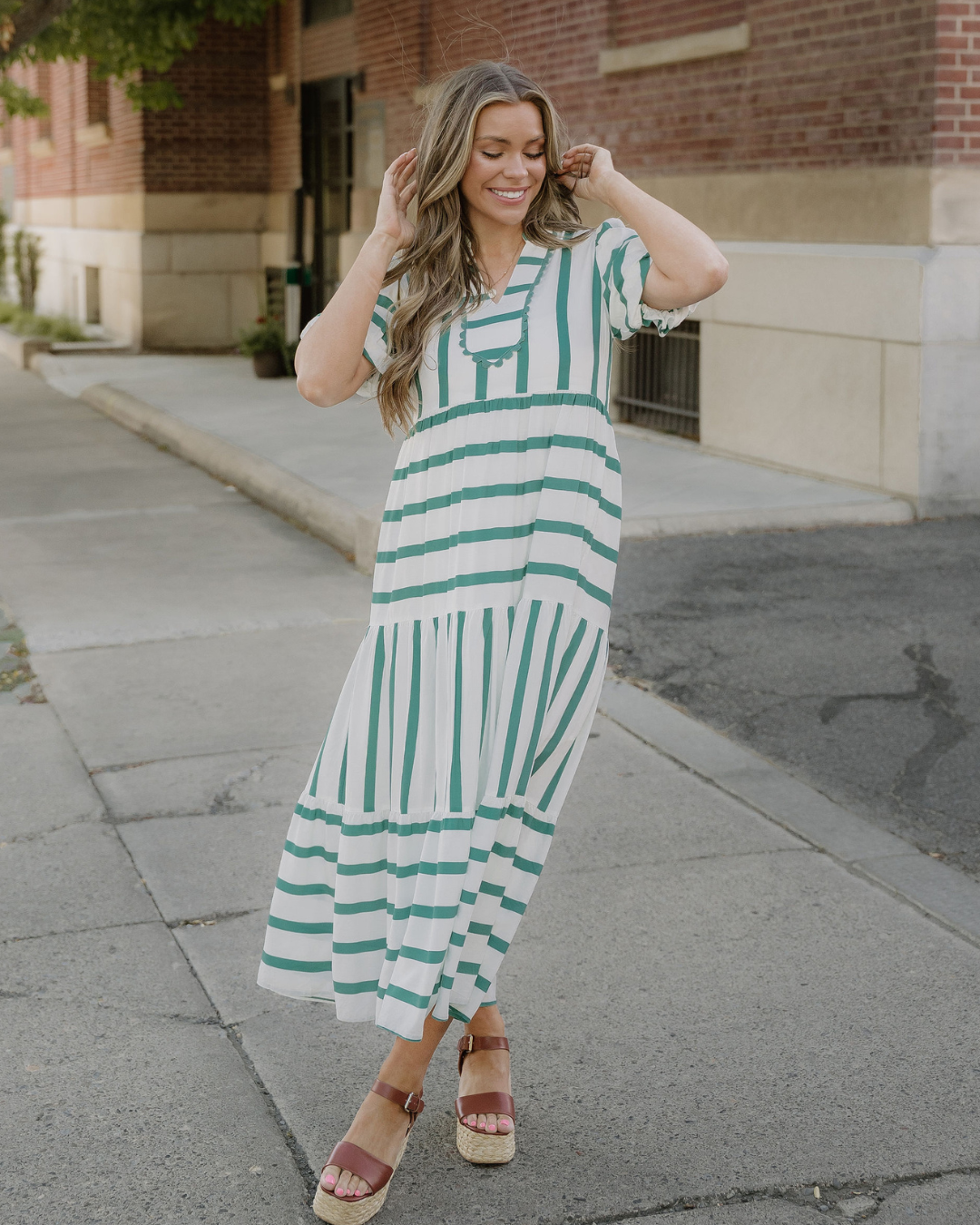 Tiffany Ricrac Trim Notched Neck Half Sleeve Vacation Dress