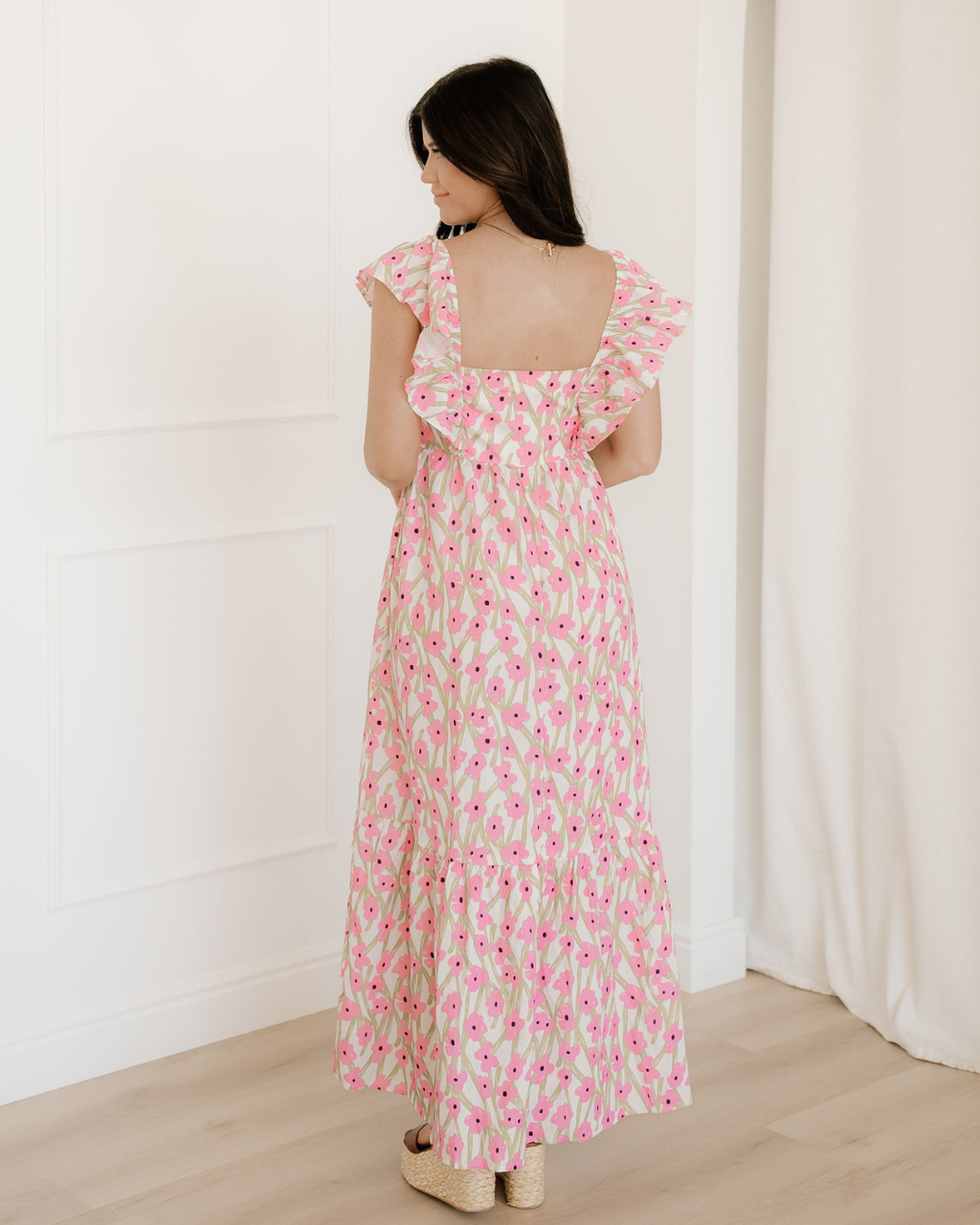 Sunny Floral Print Square Neck Ruffled Strap Maxi Dress