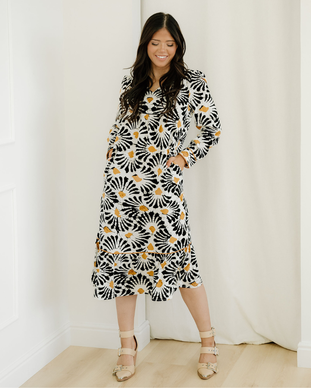 Lucille Split V Neck Long Dress with Sleeves