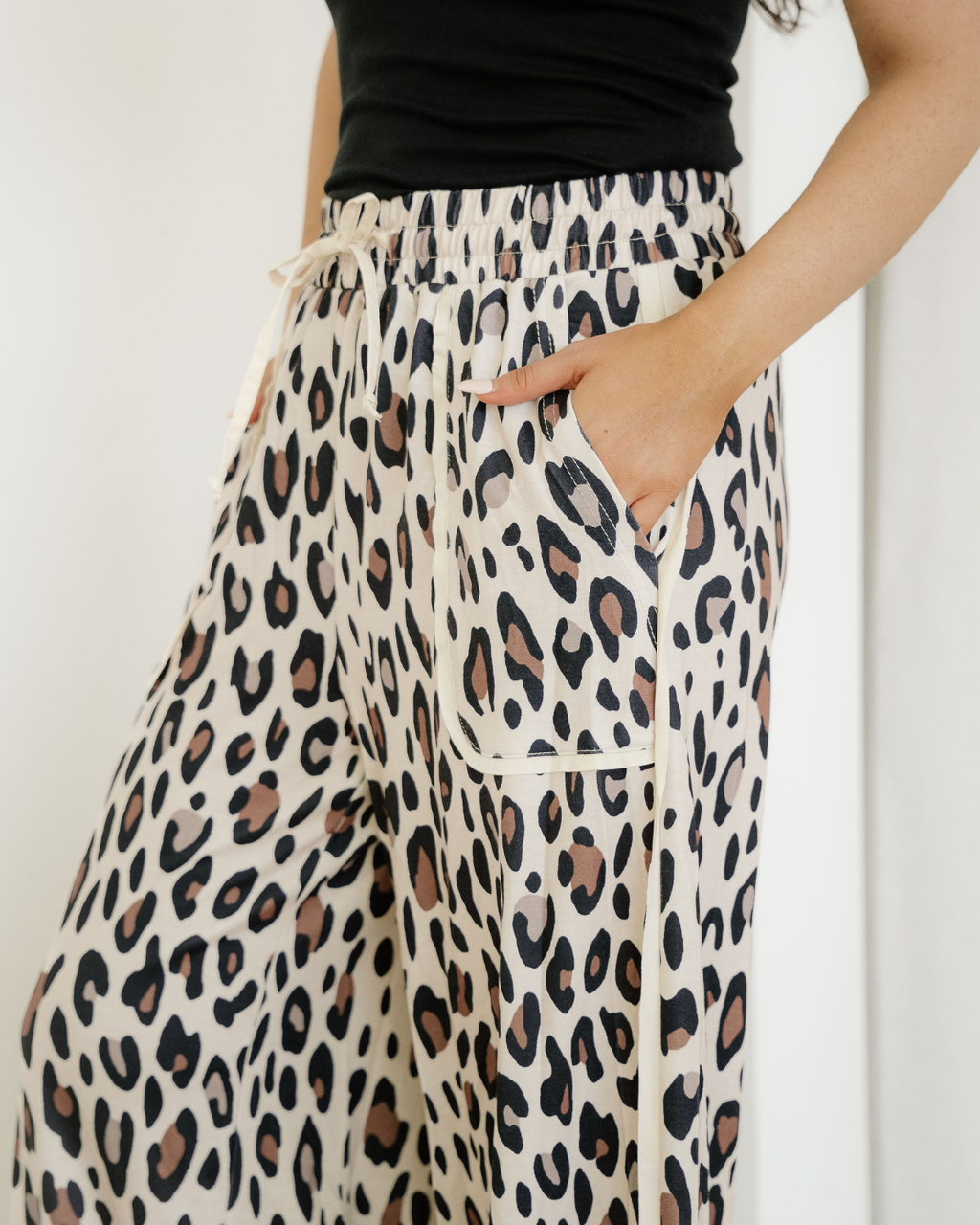 Kahlani Leopard Drawstring Wide Leg Cropped Pants