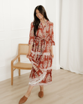 Harmony Floral Print Belted Striped Trim Tiered Maxi Dress