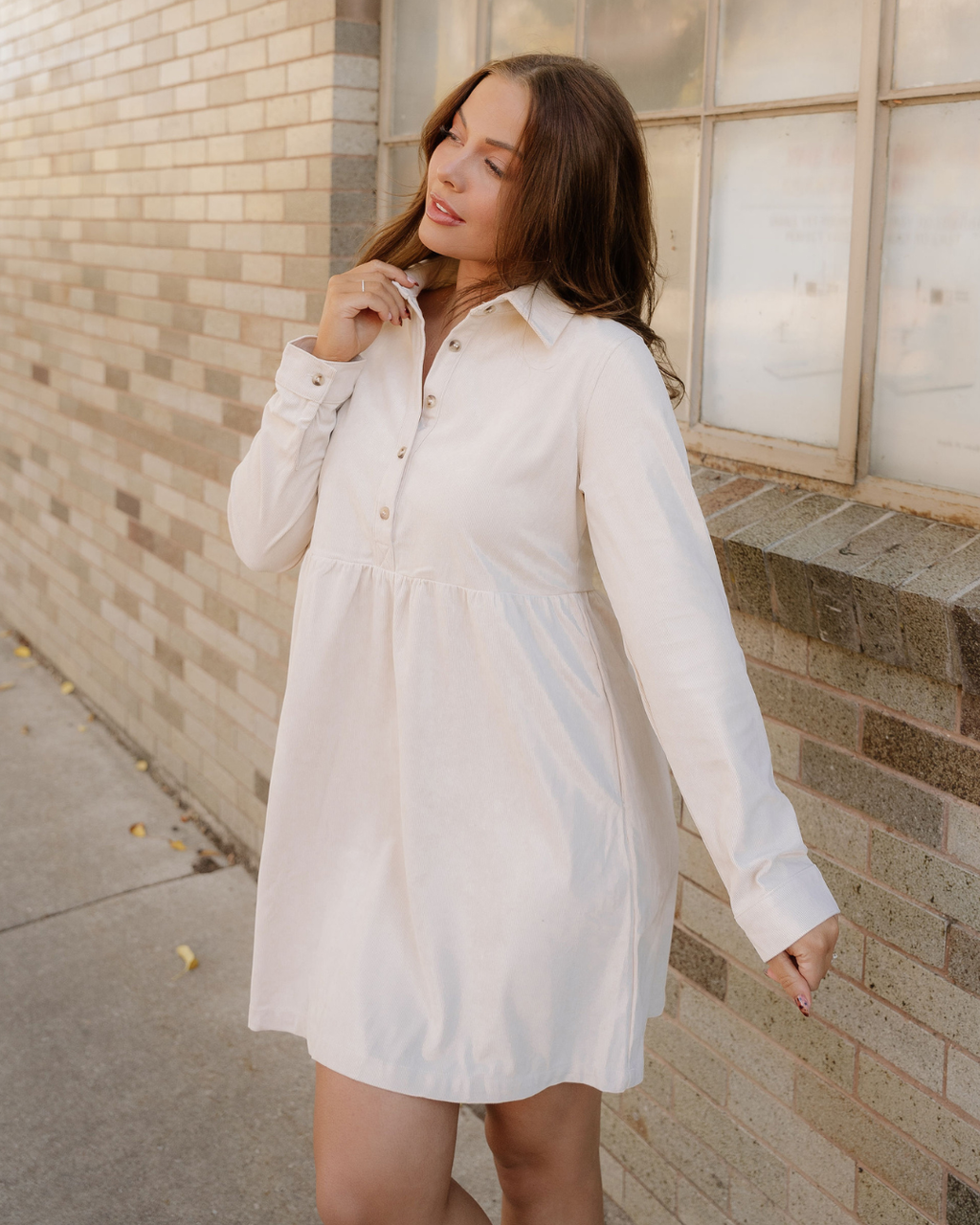 Abigail Corduroy Half Button Collared Long Sleeve Mini Dress