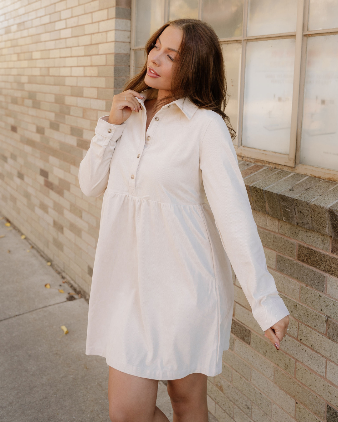 Abigail Corduroy Half Button Collared Long Sleeve Mini Dress