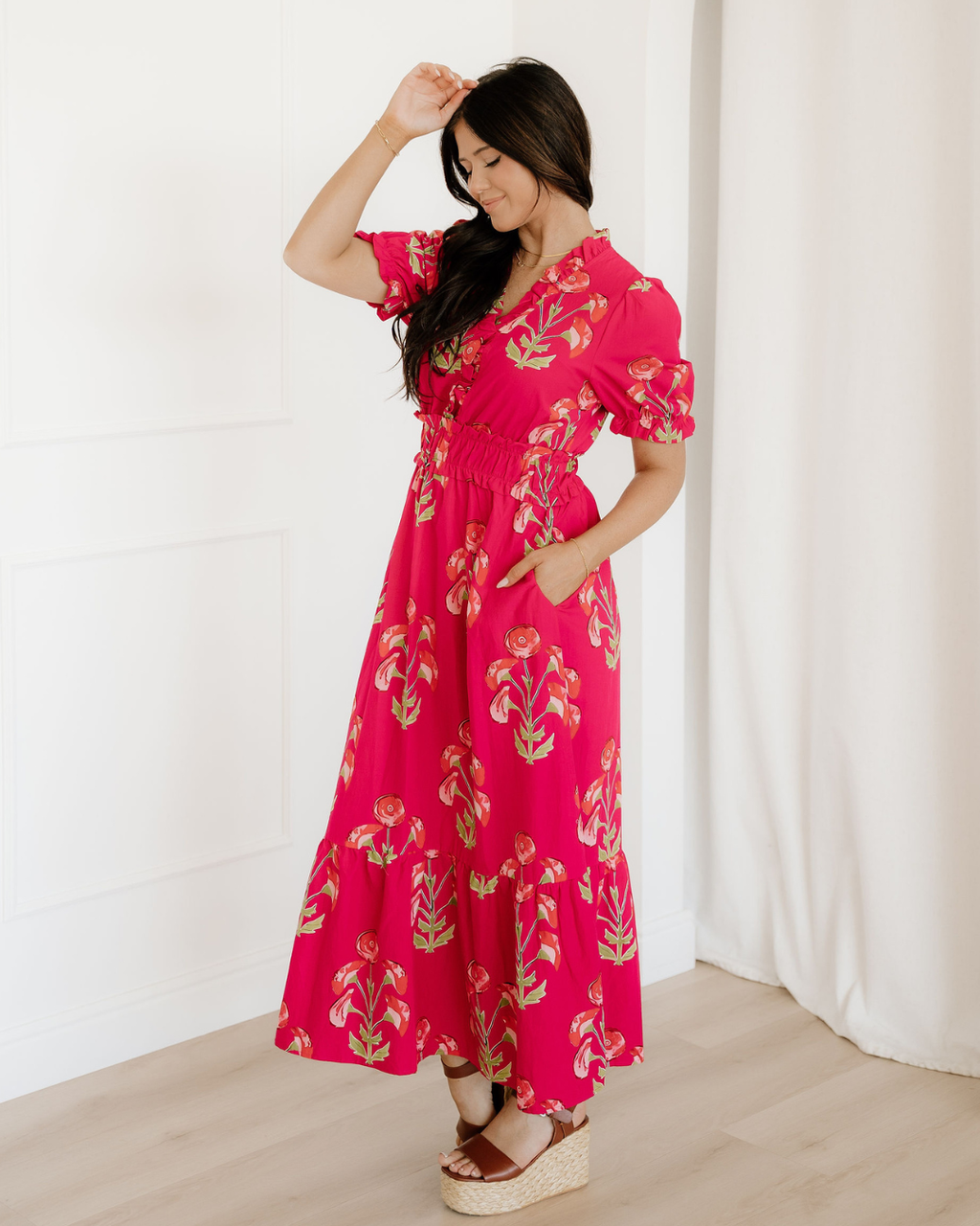Neve Floral Print Frilled V Neck Short Sleeve Ruffle Maxi Dress
