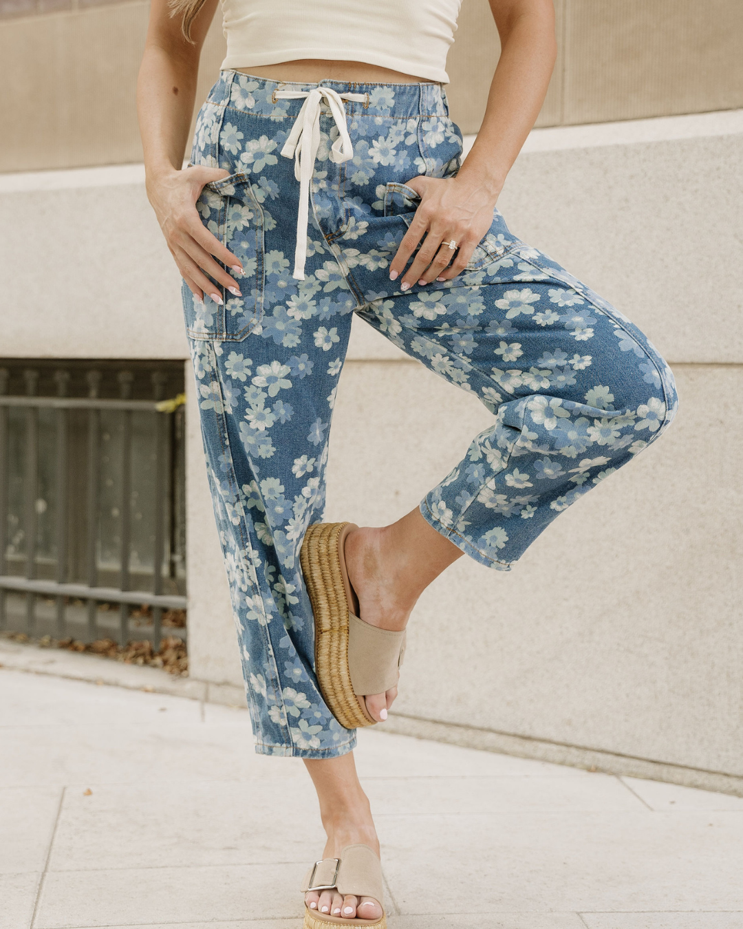 Eliana Floral Printed Drawstring Barrel Jeans