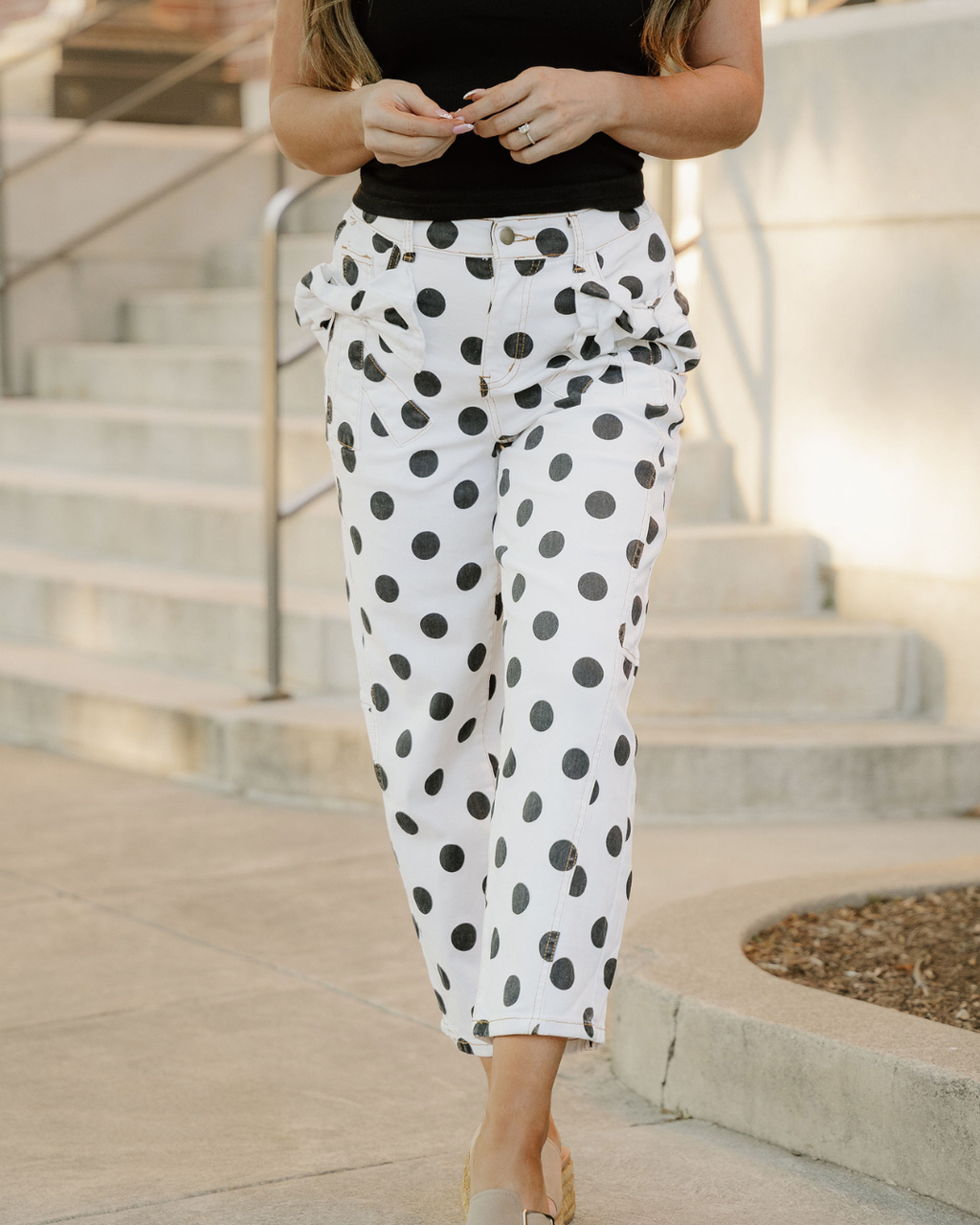 Polka Dot Bow Detail Pocketed Barrel Jeans