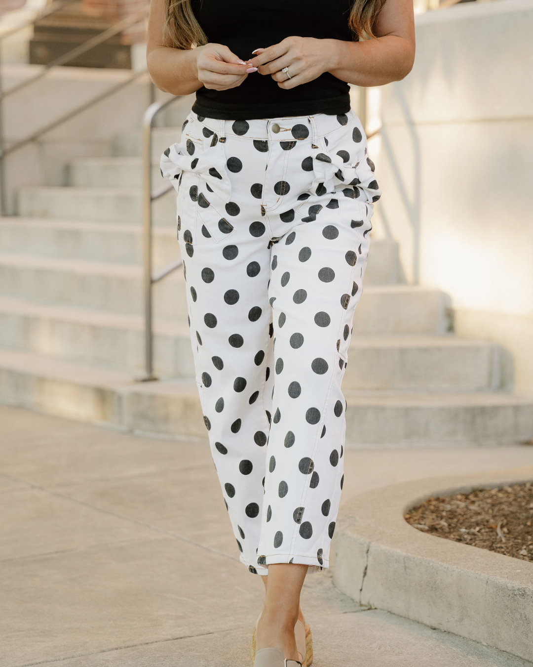 Polka Dot Bow Detail Pocketed Barrel Jeans