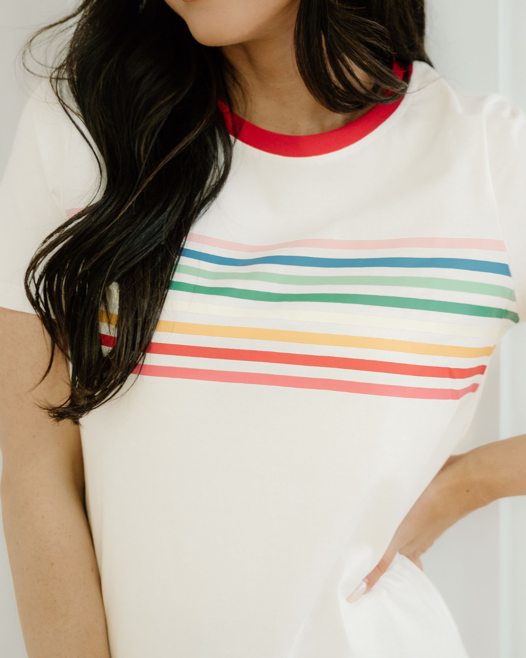 Melanie Rainbow Stripe Print Crewneck T Shirt