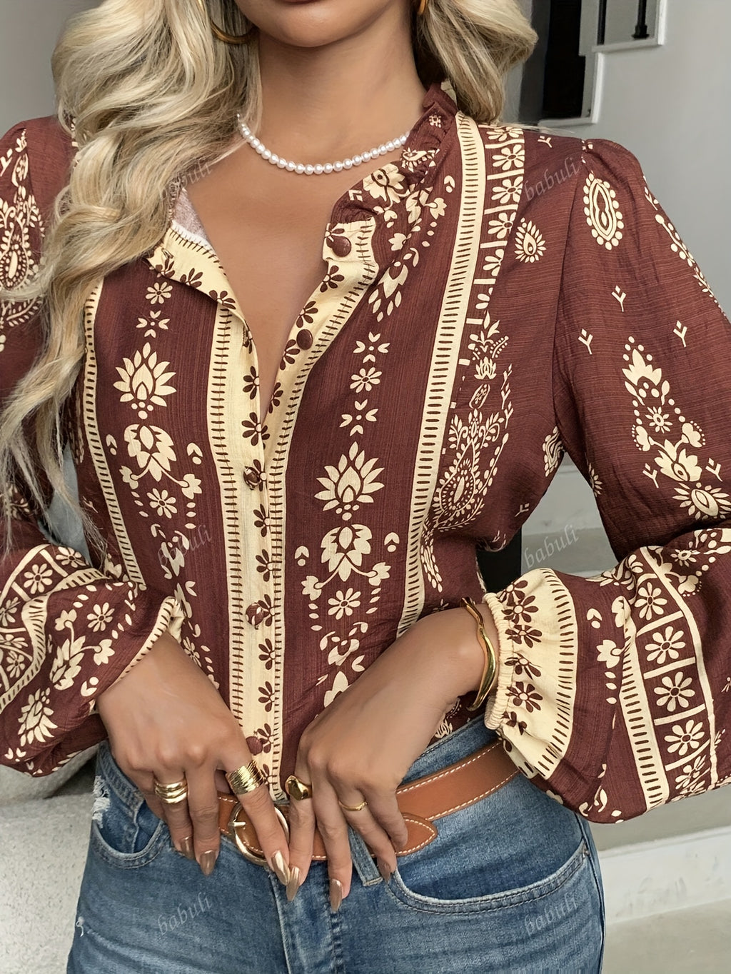 Elegant and casual new Women's long sleeved shirt, bubble sleeve button casual shirt, Bohemian vacation casual daily outfit, retro casual suitable for autumn and winter wear