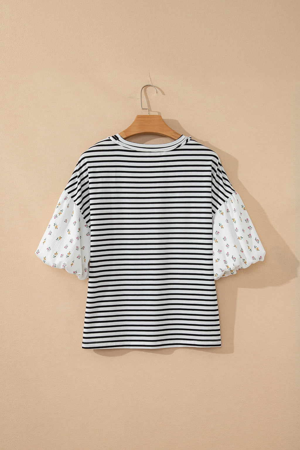 Aviva Puff Sleeve Patchwork Round Neck Loose Top - Black
