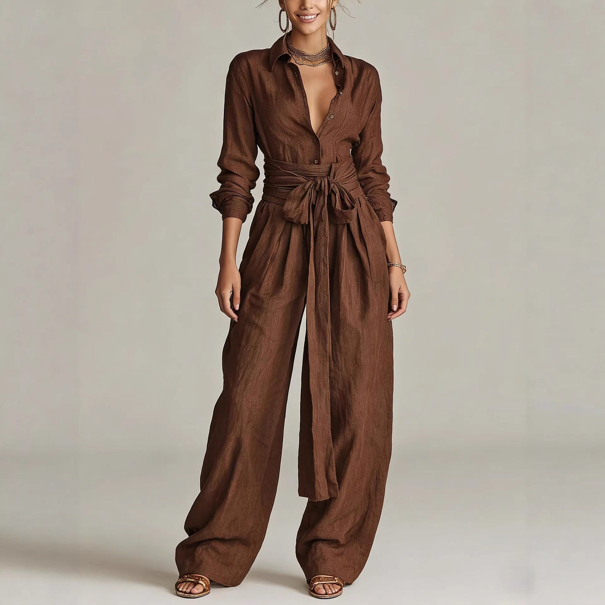 Women's Linen Long Sleeve Shirt & High-Waist Wide-Leg Pants Set with Tie Belt