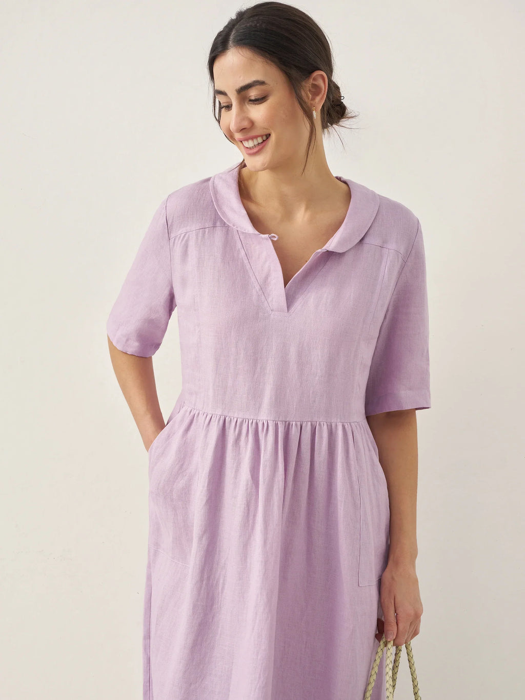 100% Linen Shawl V-Neck Pleated Maxi Dress SUSAN